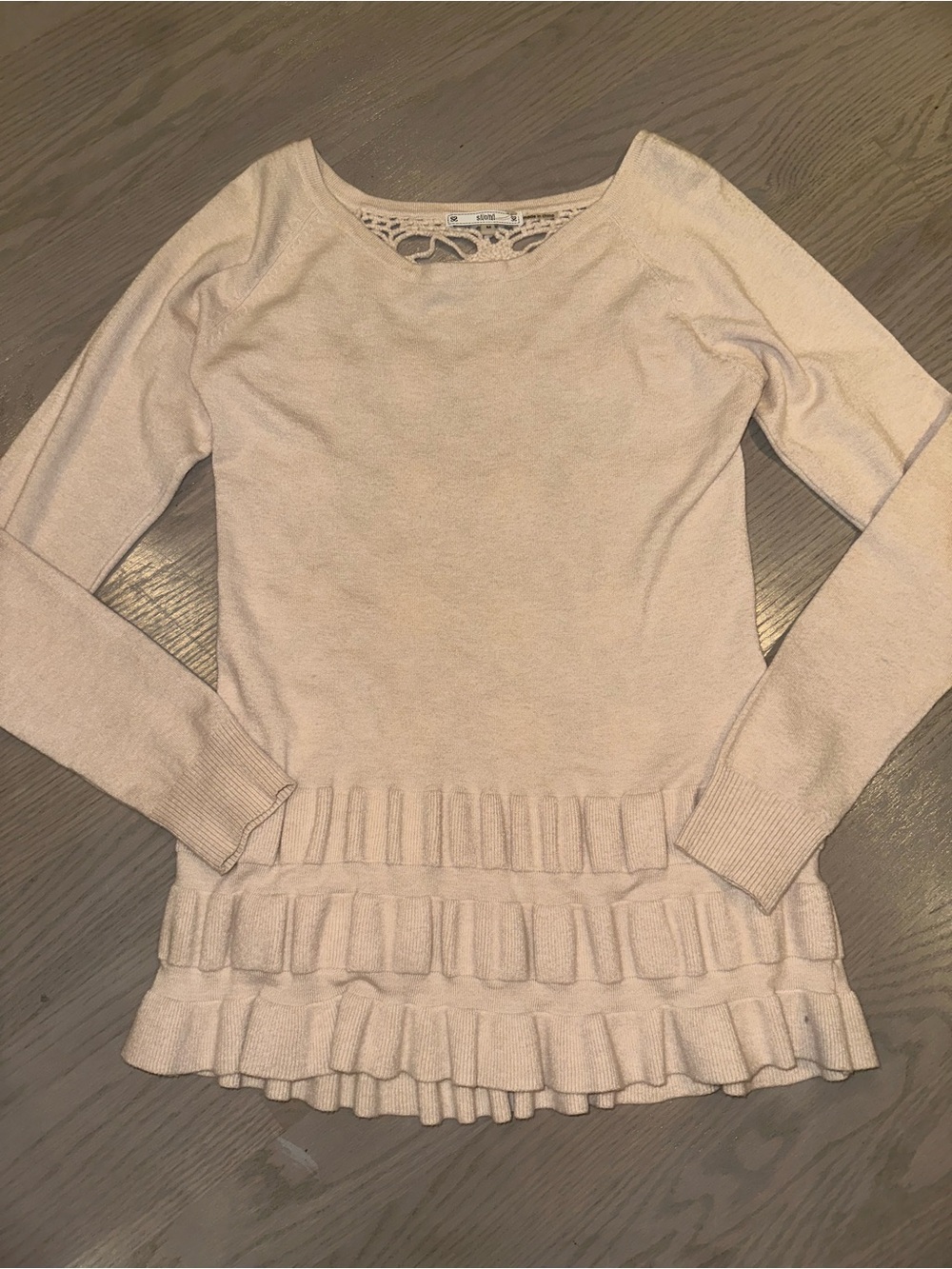 Sioni Light Beige Ruffle-Hem Scoop Neck Sweater